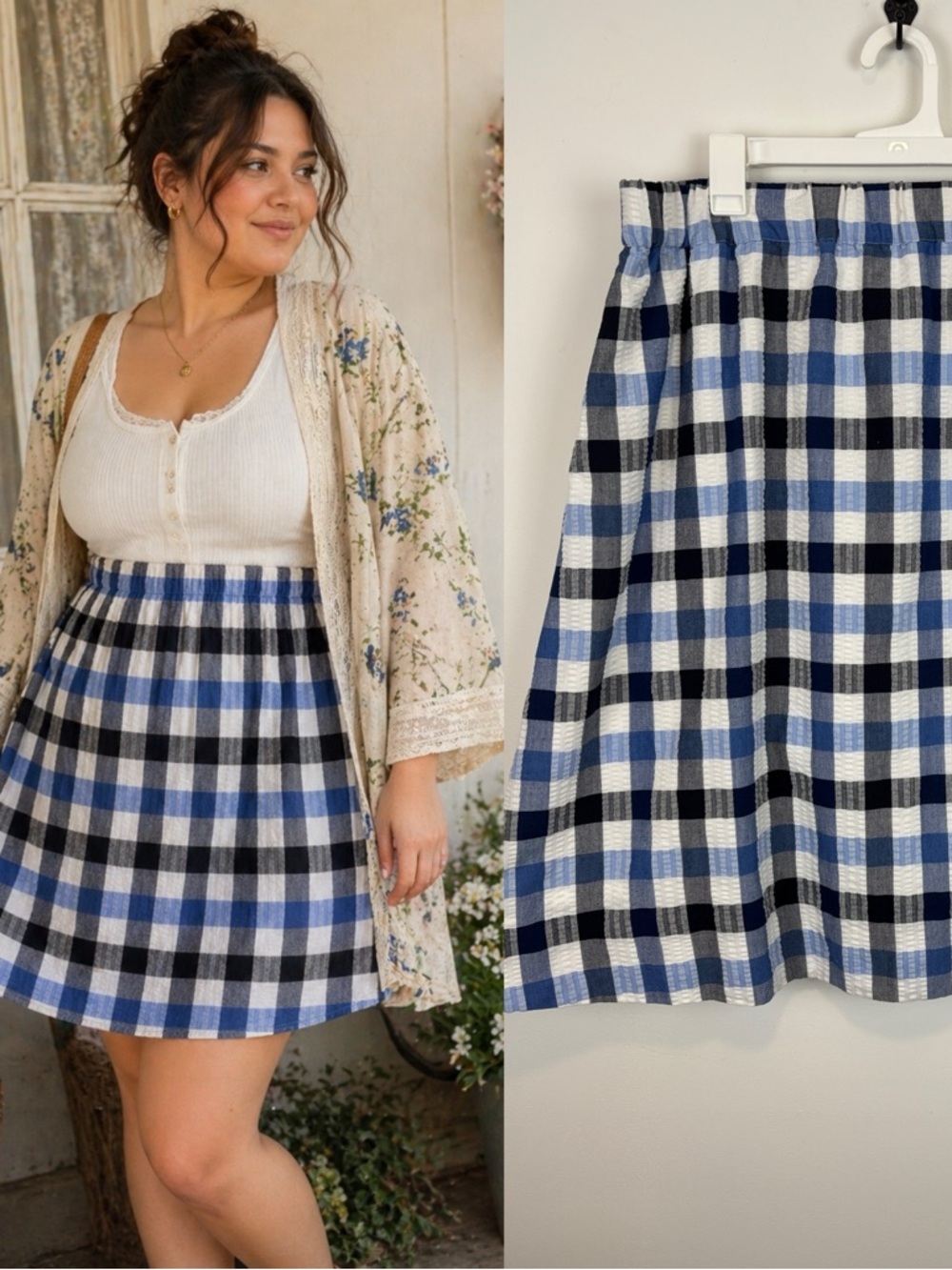 1901 Blue Gingham Mini Skirt XL Cottagecore Picnic Prairie A-Line Elastic Waist